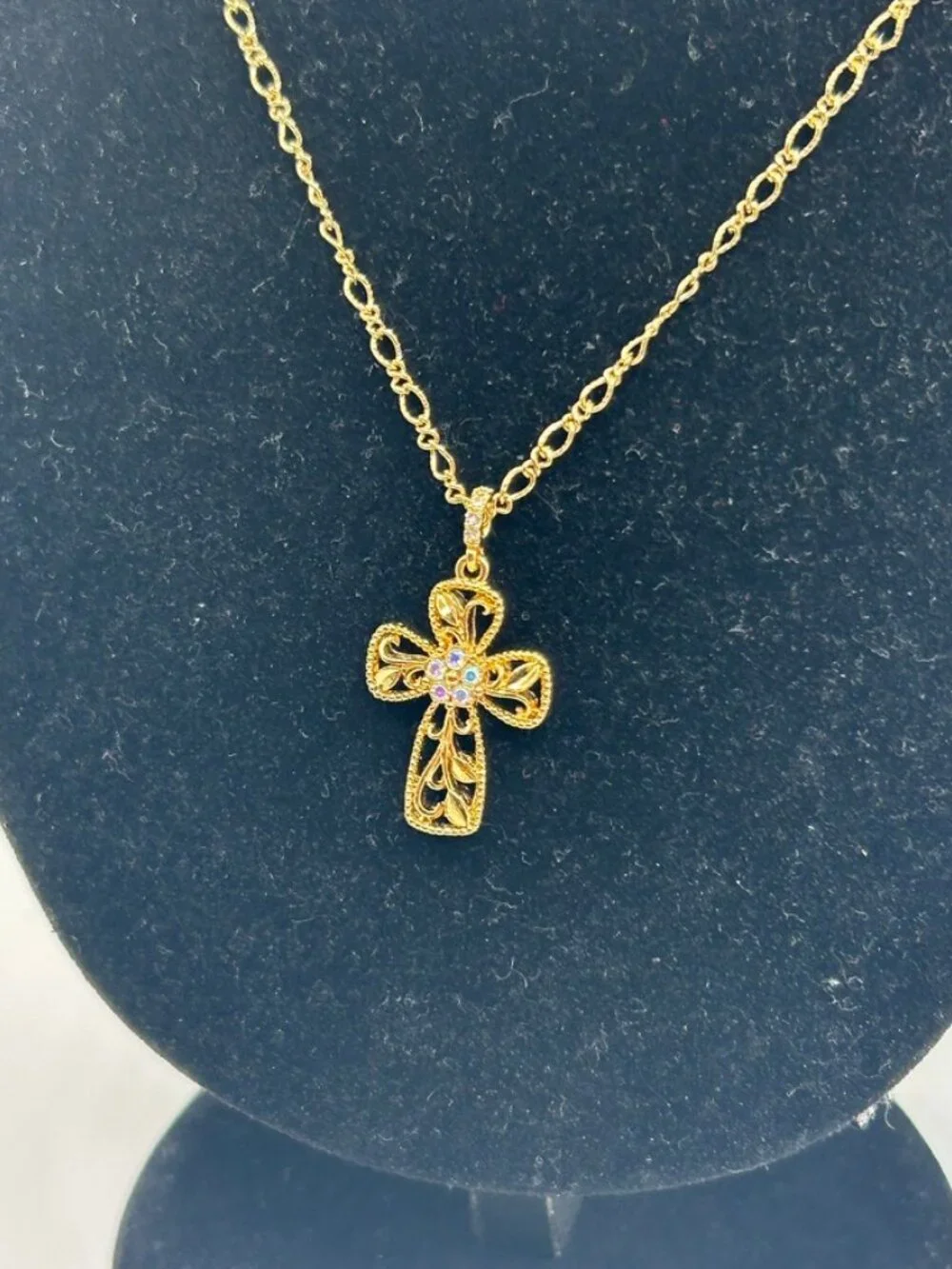 Vintage Openwork Gold Cross Real Gold Figaro Chain Plated Stainless Steel